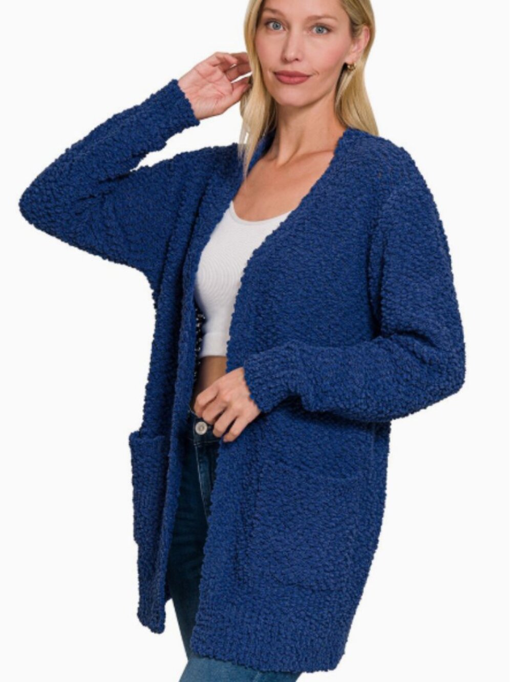 Zenana Long Sleeve Popcorn Sweater Cardigan With Pockets